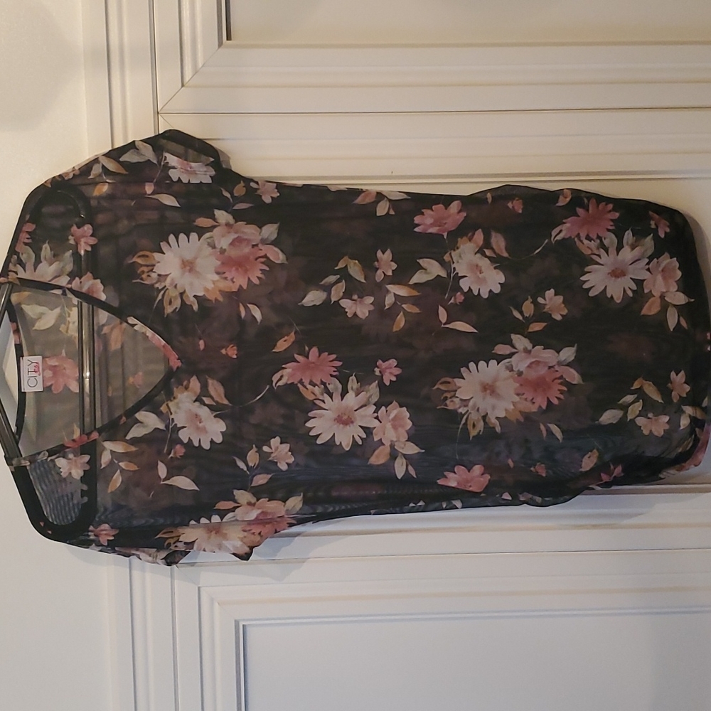 Black Sheer Floral Y2K T-shirt Dress or Swim Cover-up with side rushed